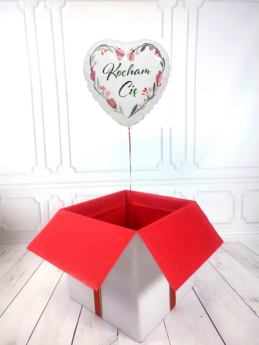 Box balonowy - balon serce z helem - białe serce z napisem Kocham Cię