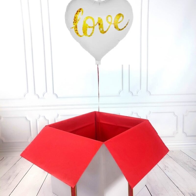 Box balonowy - balon serce z helem - białe z napisem LOVE