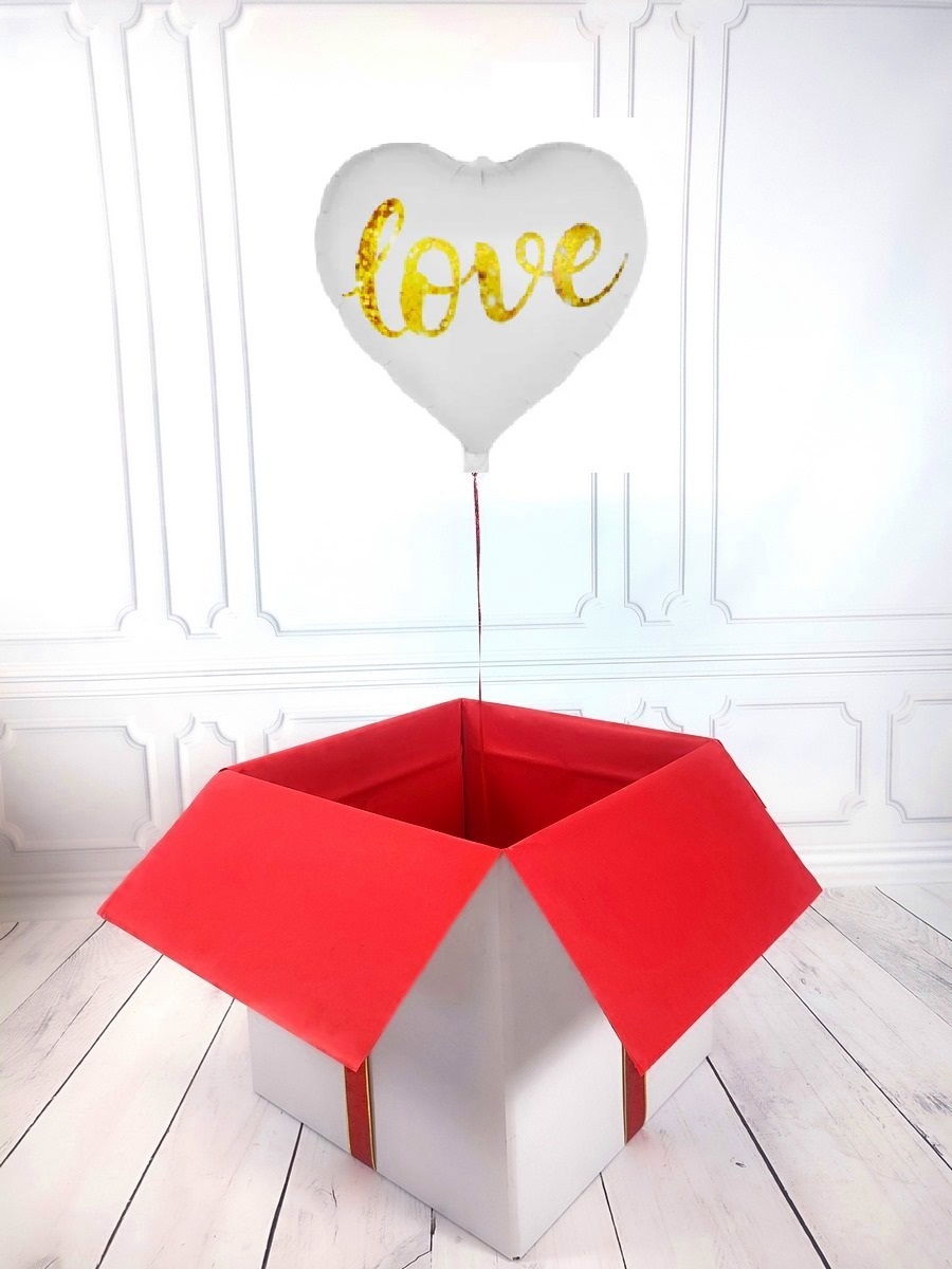 Box balonowy - balon serce z helem - białe z napisem LOVE