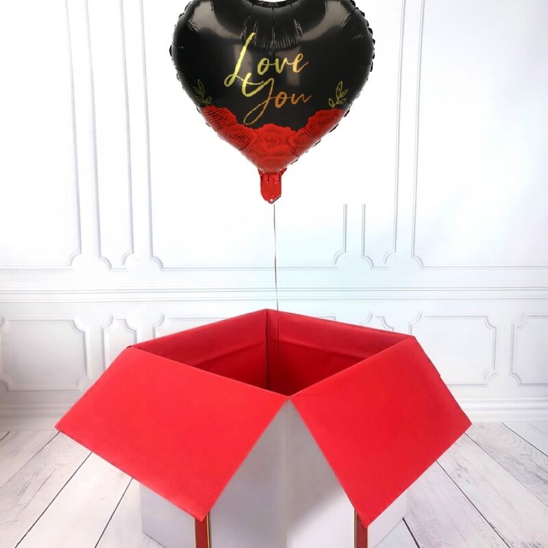 Box balonowy - balon serce z helem - czarne z napisem Love You
