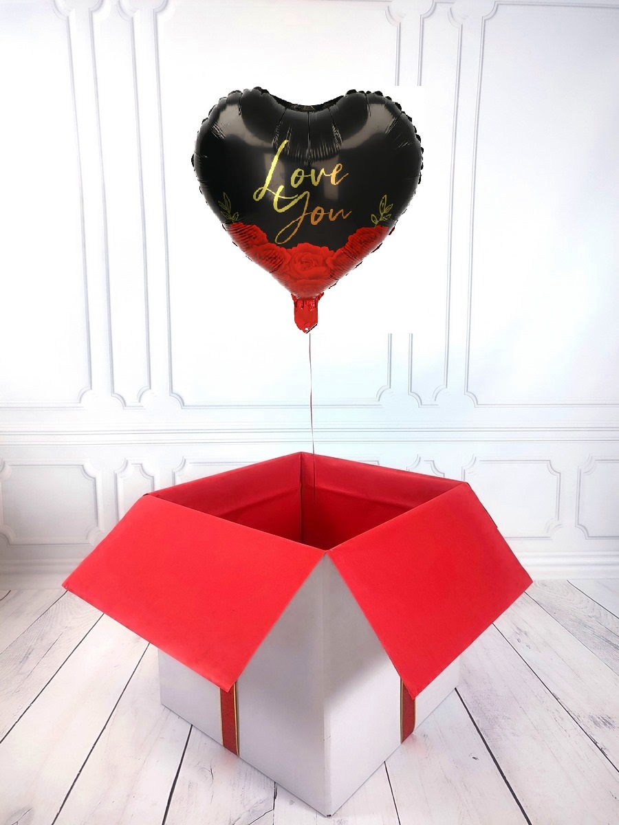 Box balonowy - balon serce z helem - czarne z napisem Love You
