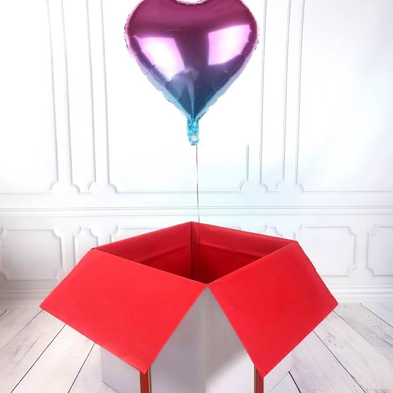 Box balonowy - balon serce z helem - fioletowo-tęczowe