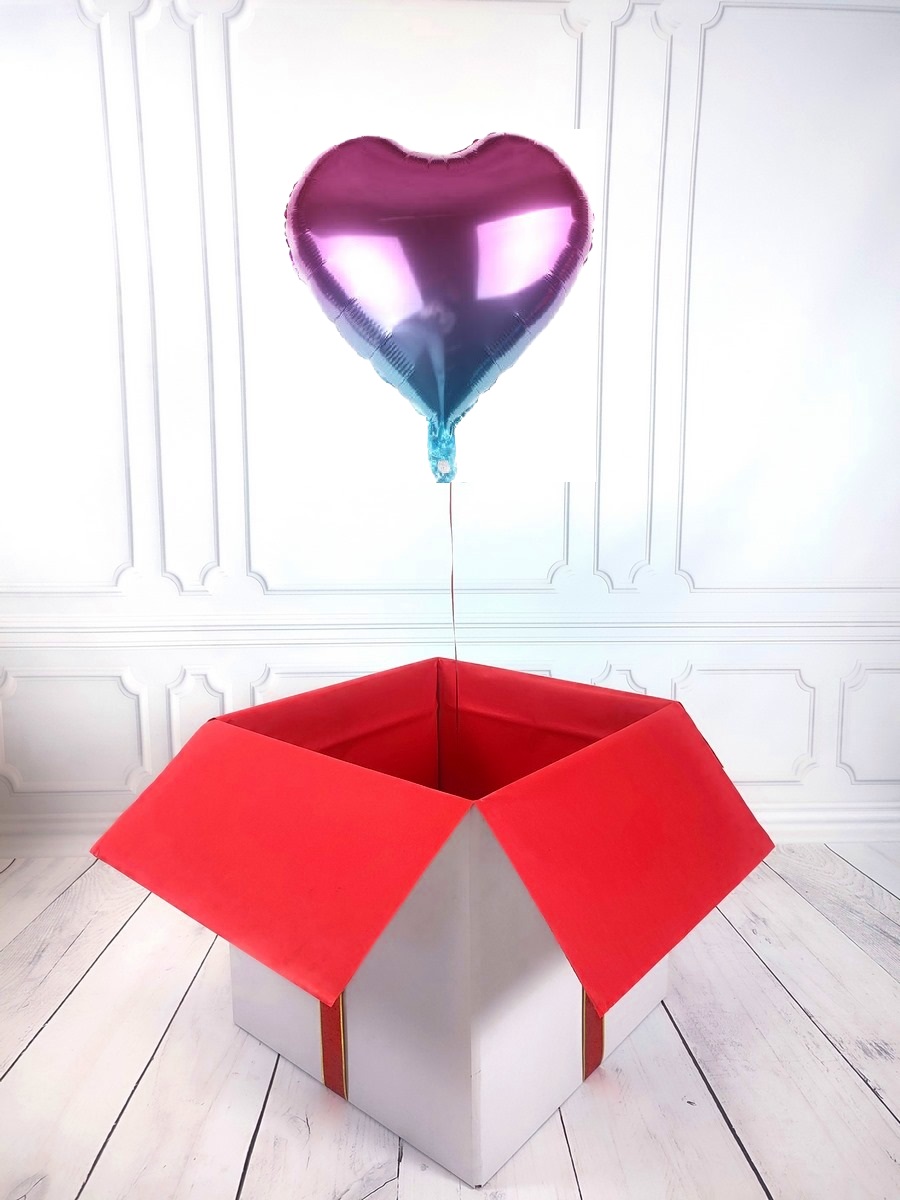 Box balonowy - balon serce z helem - fioletowo-tęczowe