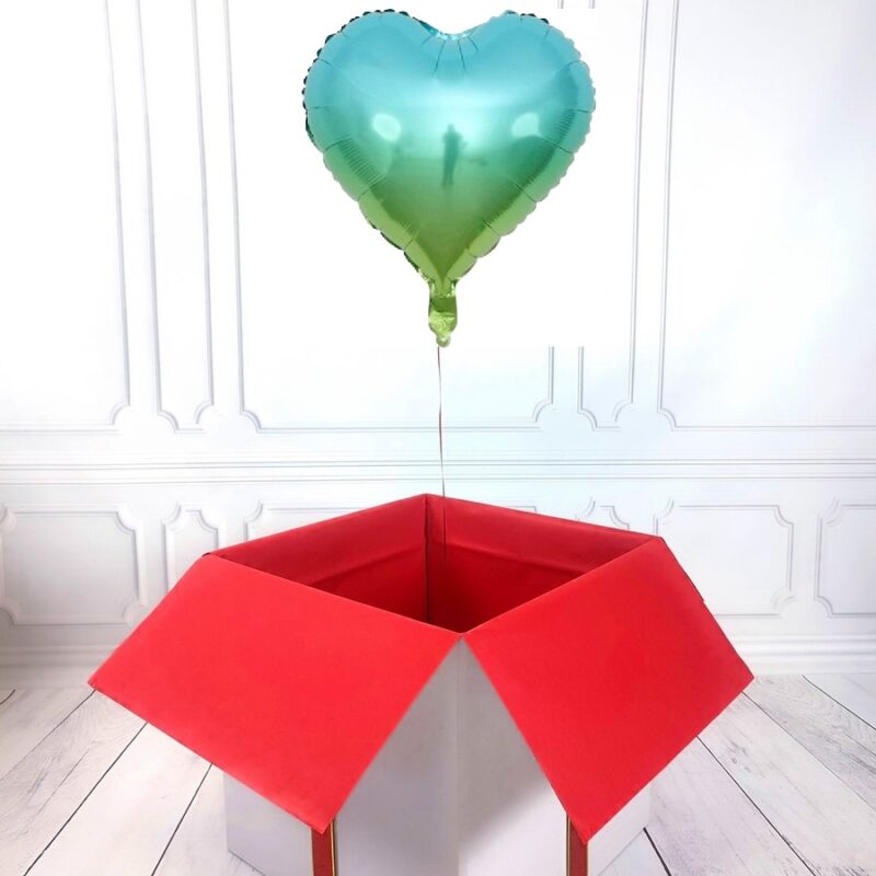 Box balonowy - balon serce z helem - niebiesko-tęczowe