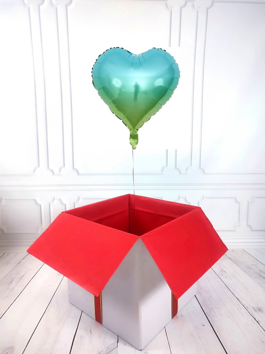 Box balonowy - balon serce z helem - niebiesko-tęczowe