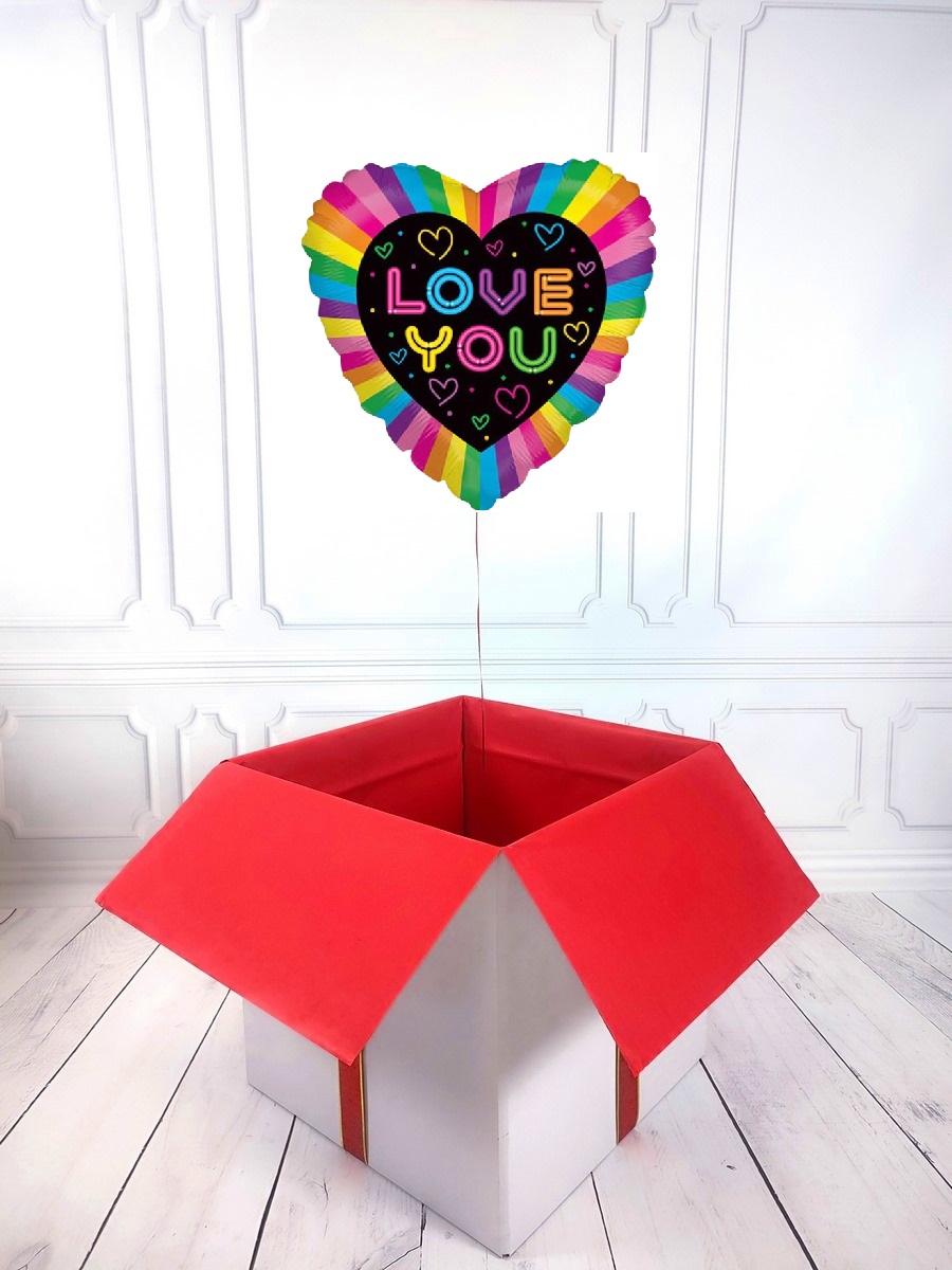 Box balonowy - balon serce z helem - tęczowo-czarne