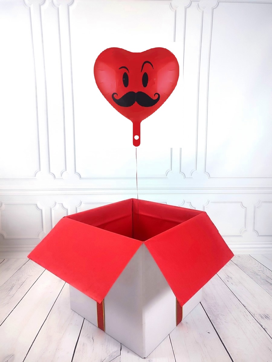 Box balonowy - balon serce z helem - wąsta emotka