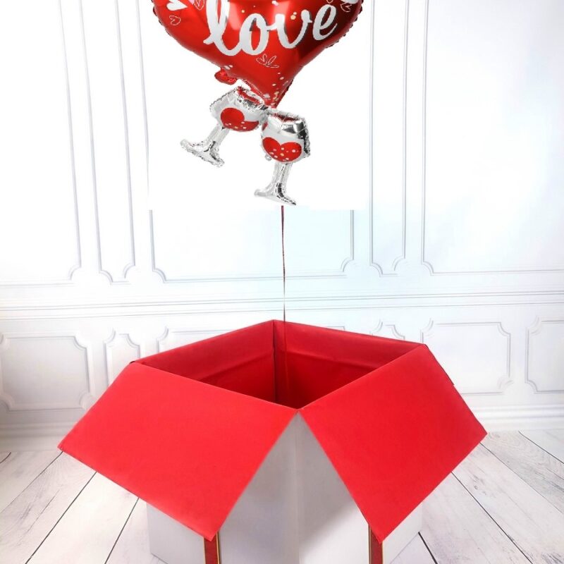 Box balonowy - balon serce z helem z napisem LOVE z kieliszkami