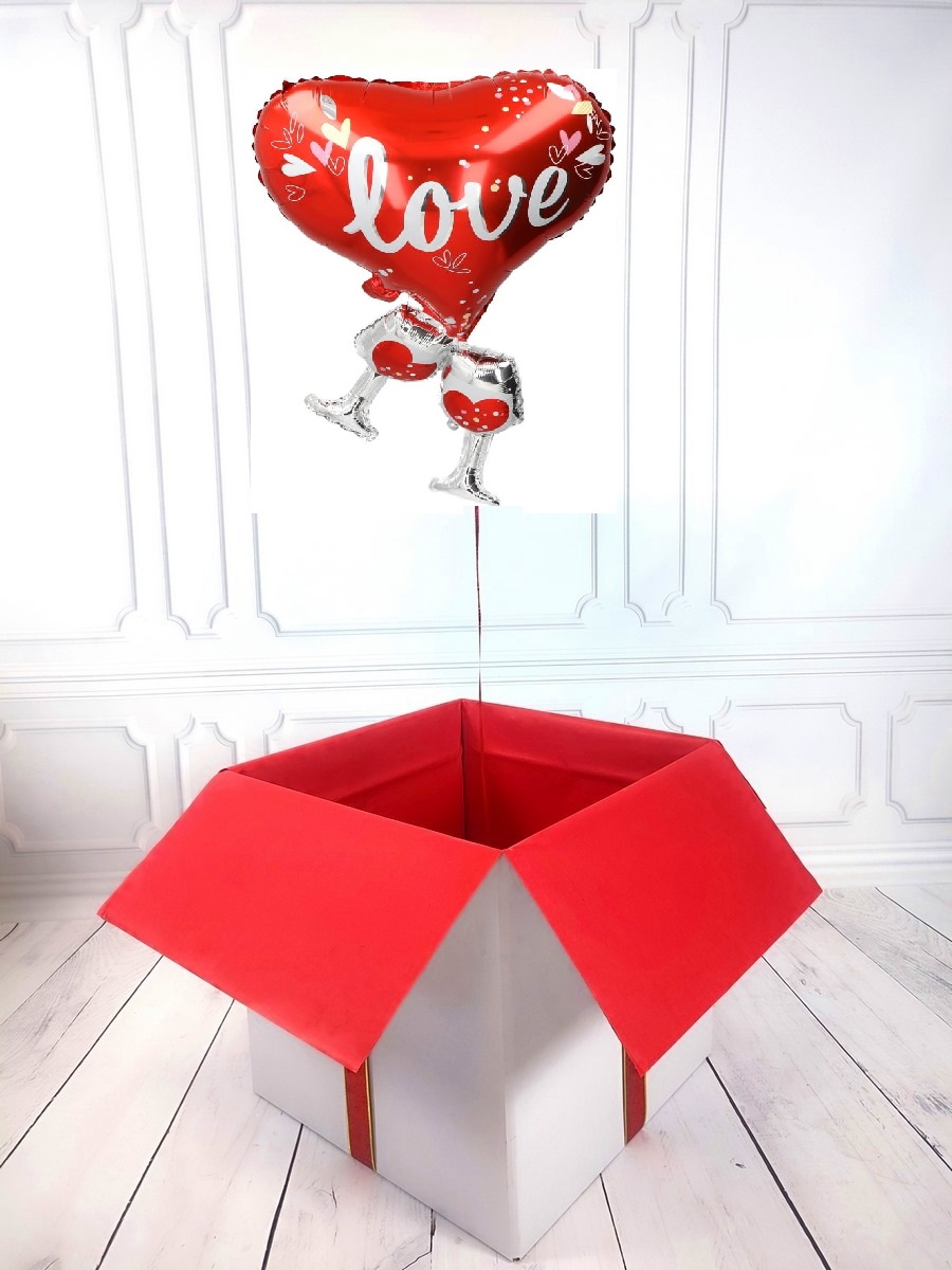 Box balonowy - balon serce z helem z napisem LOVE z kieliszkami