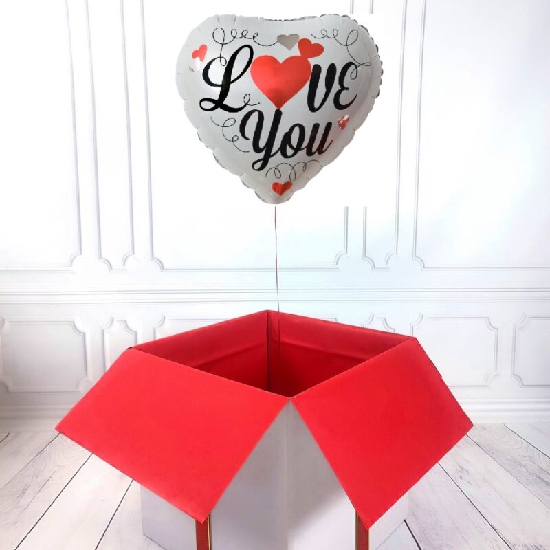 Box z balonem w kształcie serca - białe z napisem I Love You