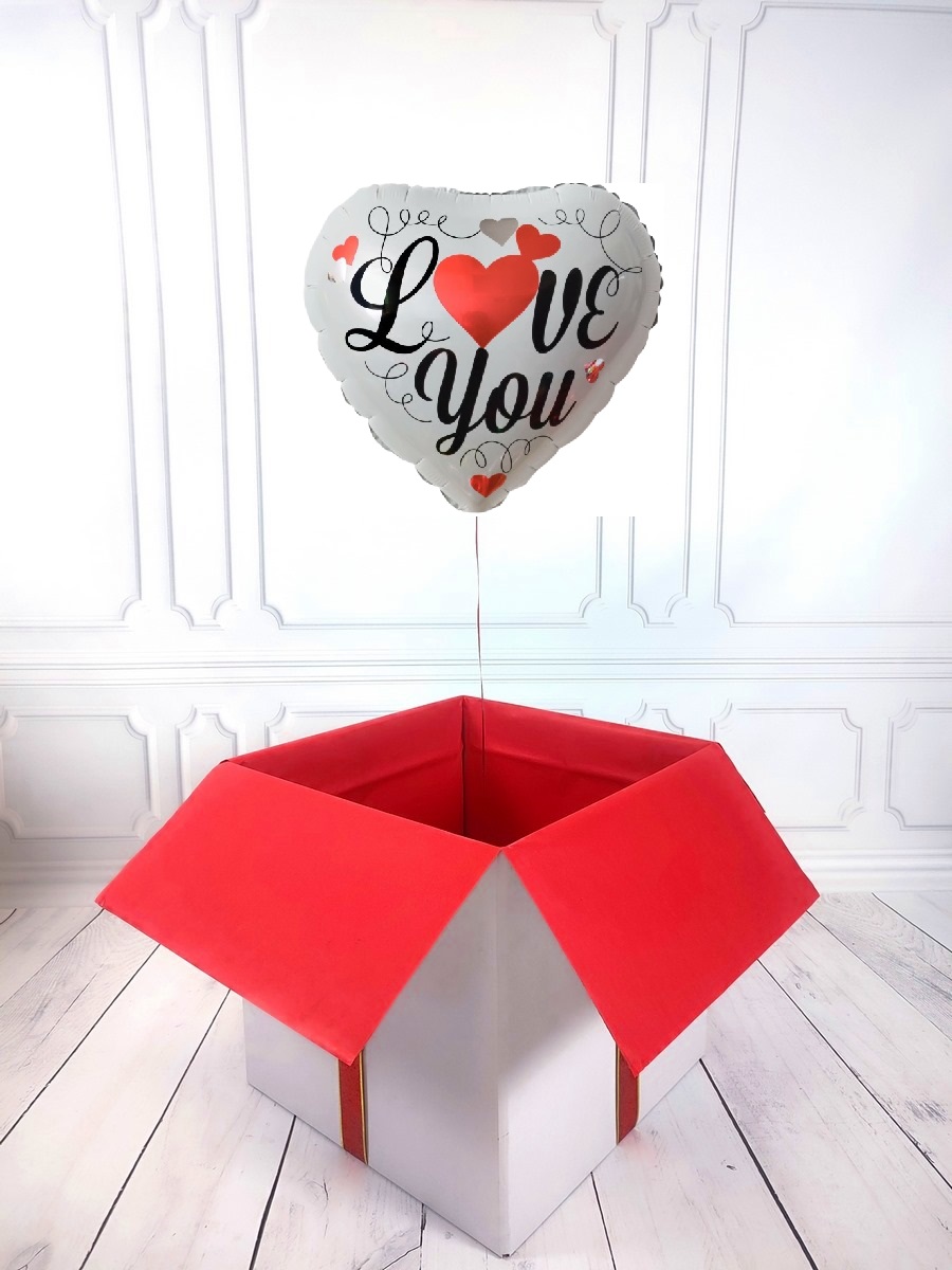 Box z balonem w kształcie serca - białe z napisem I Love You