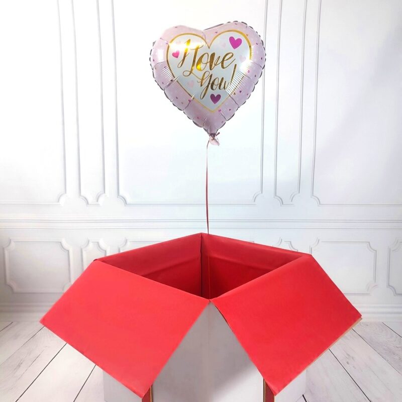 Box z balonem w kształcie serca - biało-różowe z napisem I Love You