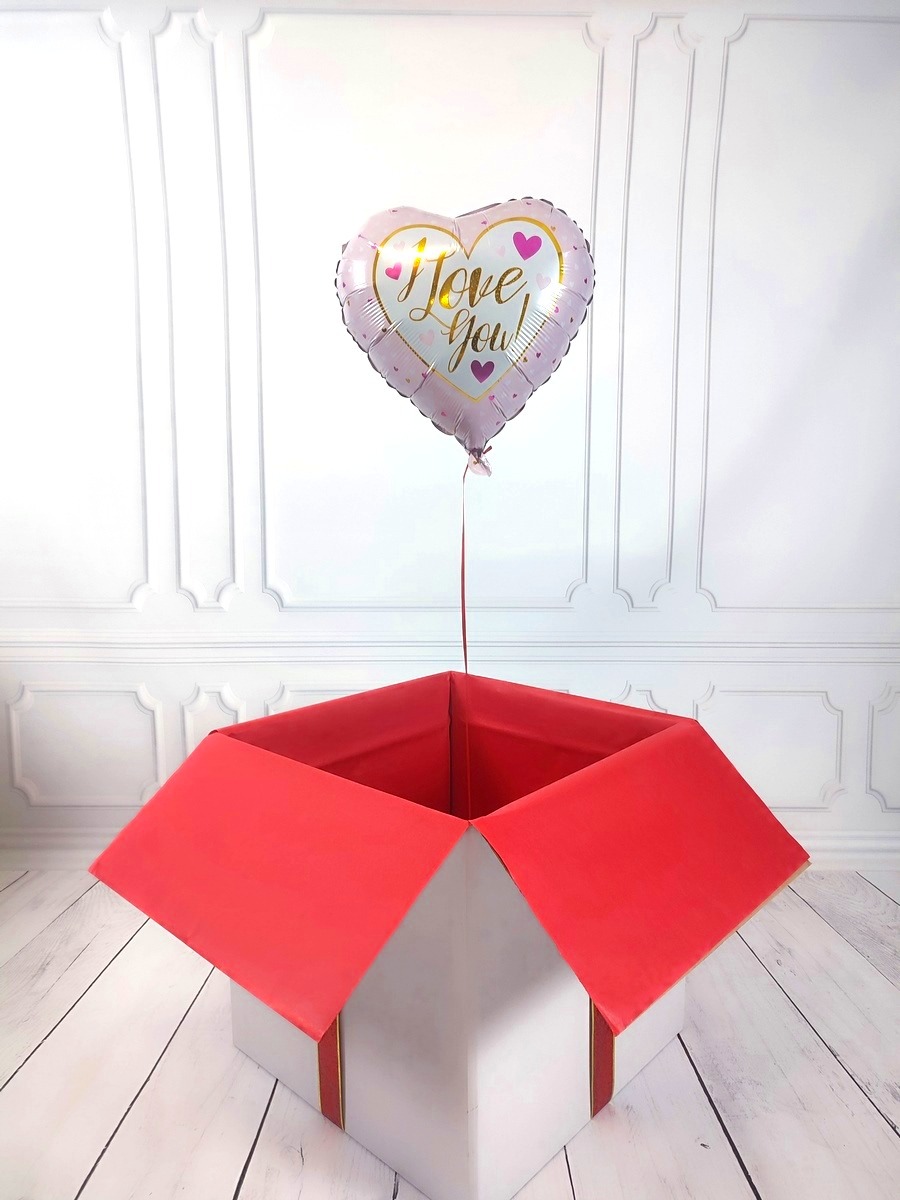 Box z balonem w kształcie serca - biało-różowe z napisem I Love You