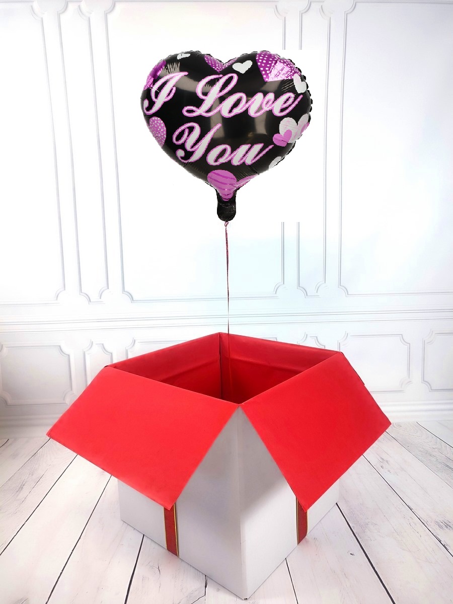 Box z balonem w kształcie serca - czarne z napisem I LOVE YOU